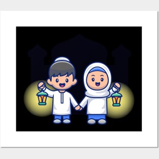 Cute moslem girl and boy holding lantern Posters and Art